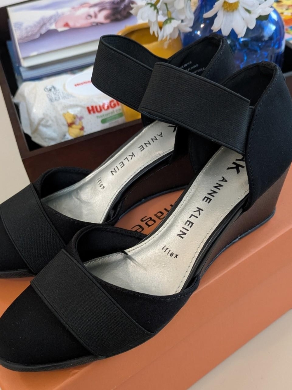Anne Klein Black Elastic-Strap Wedge Sandals